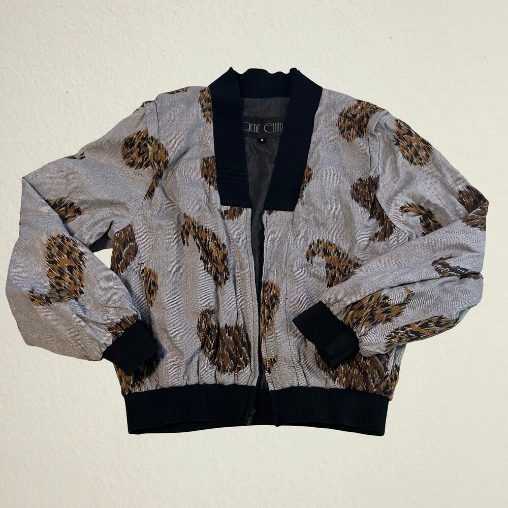 Gray paisley leopard bomber jacket, vintage Gene Ewing, indie boho